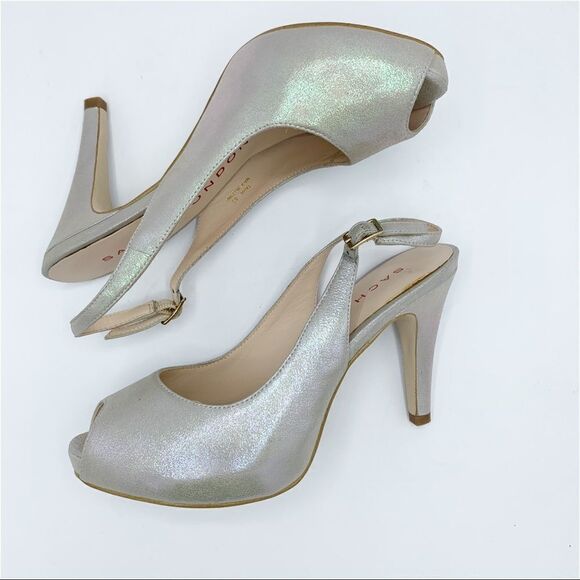 Lulu Townsend Tara Iridescent Silver Sling Back Peep Toe Platform Evening Heels - Picture 3 of 15